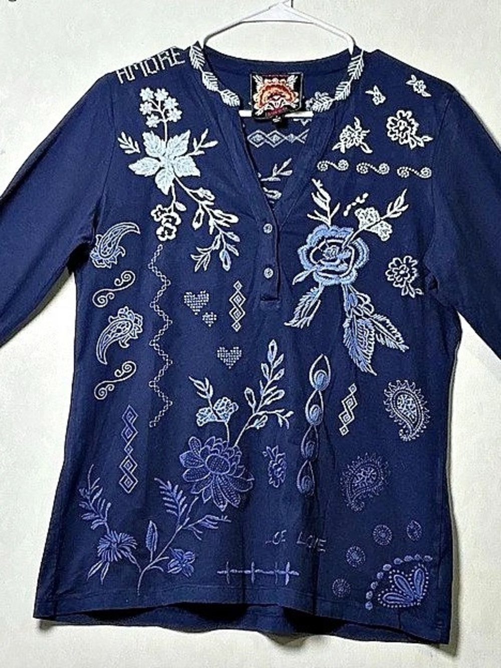 Johnny Was Floral Embroidered Blouse in Blue & White Size Small